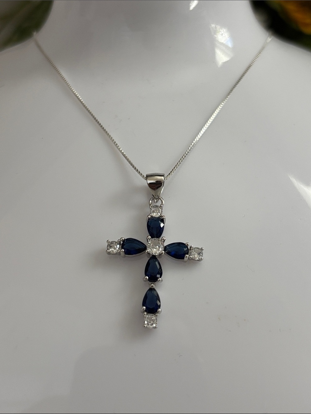 925 Sterling Silver Blue Sapphire Cross Pendant Necklace.
